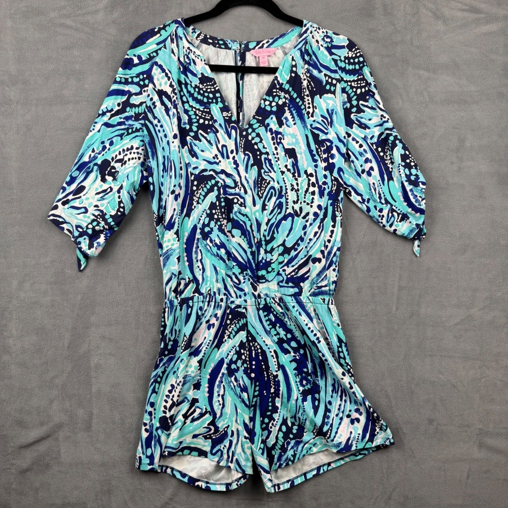 Lilly Pulitzer XS Romper Jumpsuit Blue White Cold Shoulder Knotted Sleeve